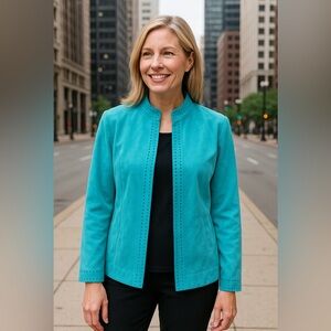 Dressbarn Petite Faux Suede Jacket Turquoise Blue Women’s Open Front PL